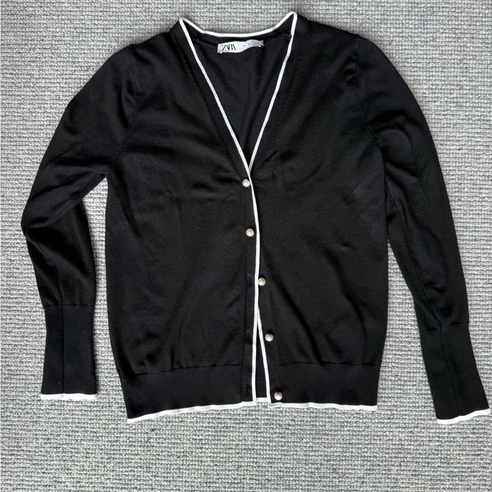 Zara Black Cardigan Pearl Button Down White Trim L